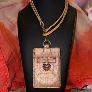 Coach Rose Gold Lanyard & Card Holder with Heart Charm